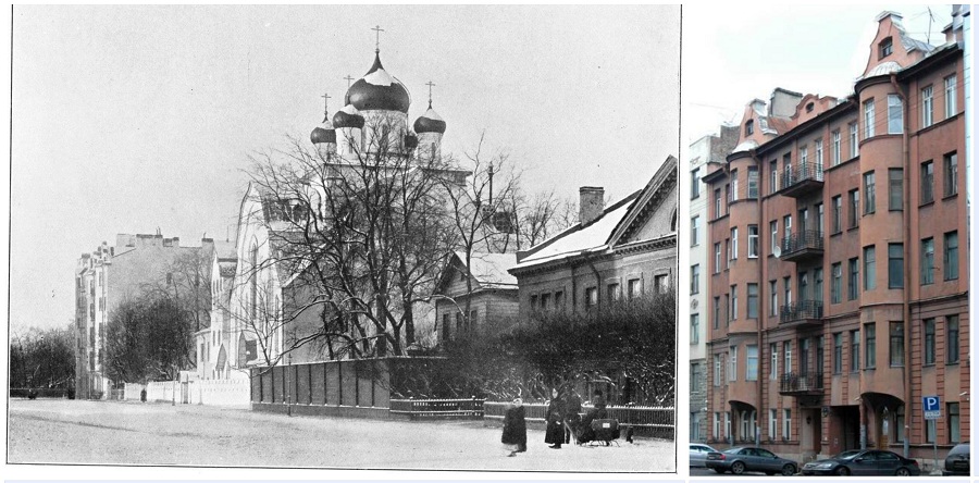 Тверская 4 дом Г.Г.Гандмана слева от церкви 1908г.; и совр.фото.jpg