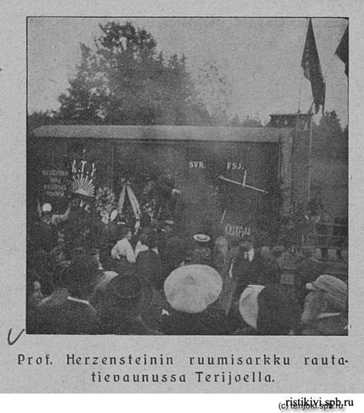 Гроб с телом Герценштейна в железнодорожном вагоне в Териоках. Фотография из журнала Helsingin Kaiku, 18.8.1906, №32-33