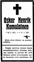 Оскар-Хенрик Комулайнен некролог 1931