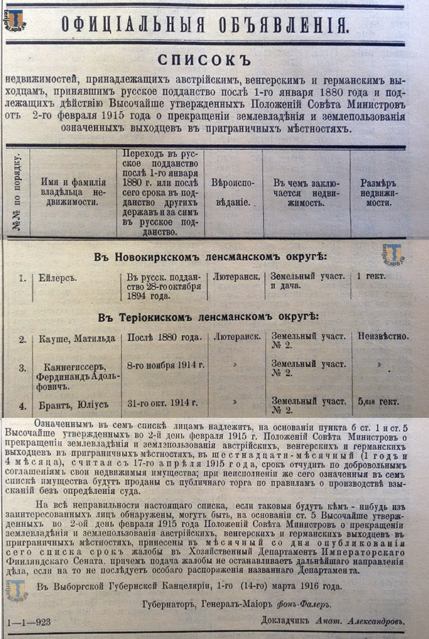 "Финляндская газета" №63, 1916 г.