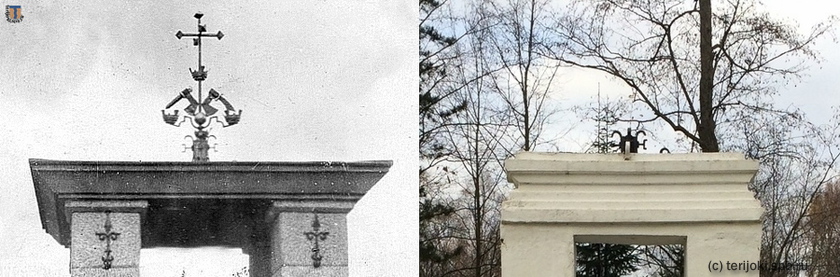Металлический шпиль в виде герба Карелии, венчавший монумент в честь сражения 1656 г. и его фрагменты, сохранившиеся на современном памятнике. Слева снимок 1930 гг. с сайта rautu.fi, справа фото В. Патрунова, 16.10.2016 г.