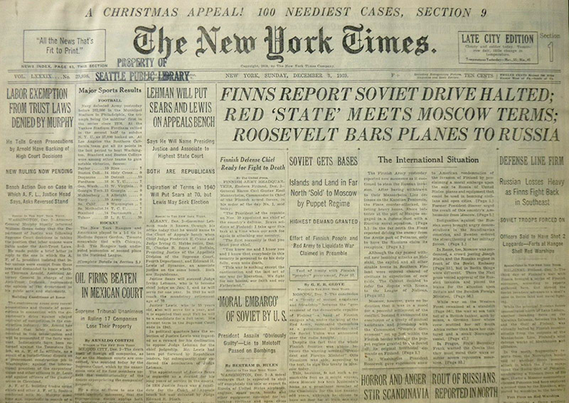 Газета «Нью Йорк Таймс», 3 декабря 1939 года
