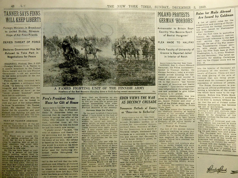 Газета «Нью Йорк Таймс», 3 декабря 1939 года