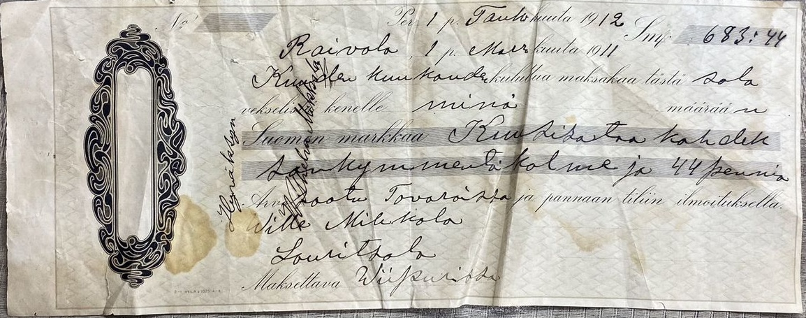Старинный финский вексель 1911 г. Рощино. (Райвола).jpg