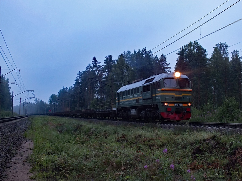 Тепловоз М62-1633 с рельсоукладочным поездом выполняет работу по выгрузке длинномерных рельсовых плетей во время ночного окна на 2-м главном пути перегона Грузино-Васкелово, севернее остановочного пункта 47 км. Фото: А. Шомин, 18.07.2019 г. shomas_20190718_M62-1633_GruzVaskel.JPG