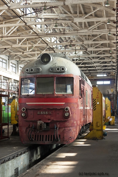 Дизель-поезд Д1-555 в составности 555-1 и 555-3 проходит текущий ремонт 1-го объёма (ТР-1) и подготовку к весеннему комиссионному осмотру (ВКО) в цехе ТР-2 и ТР-3 дизель-поездов и тепловозов локомотивного депо Выборг (на момент съемки: цех Выборг ТЧР-7). Фото: А. Шумков, 21.03.2012 г. ASh_D1-555_Vyborg.jpg