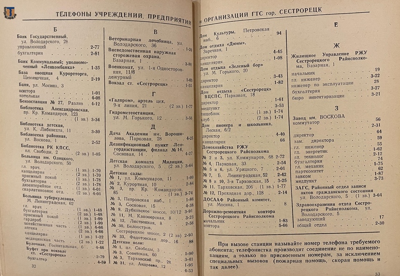 Телефонный справочник Сестрорецка и Зеленогорска с окрестностями на 1958 год.
Из коллекции С. А. Завернина. Phonebook_Sestroretsk_Zelenogorsk_1958-15.jpg