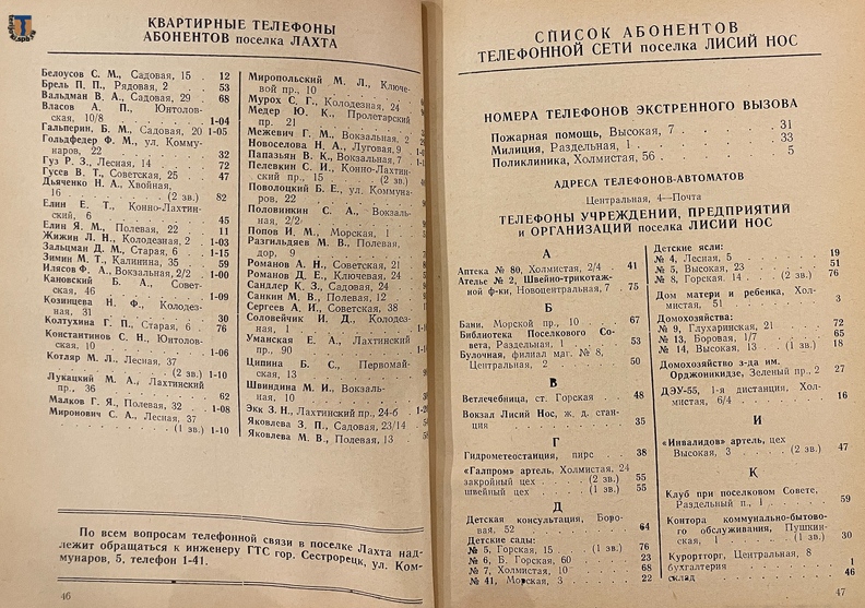 Телефонный справочник Сестрорецка и Зеленогорска с окрестностями на 1958 год.
Из коллекции С. А. Завернина. Phonebook_Sestroretsk_Zelenogorsk_1958-22.jpg