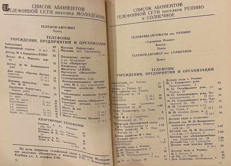 Телефонный справочник Сестрорецка и Зеленогорска с окрестностями на 1958 год.
Из коллекции С. А. Завернина. Phonebook_Sestroretsk_Zelenogorsk_1958-24.jpg