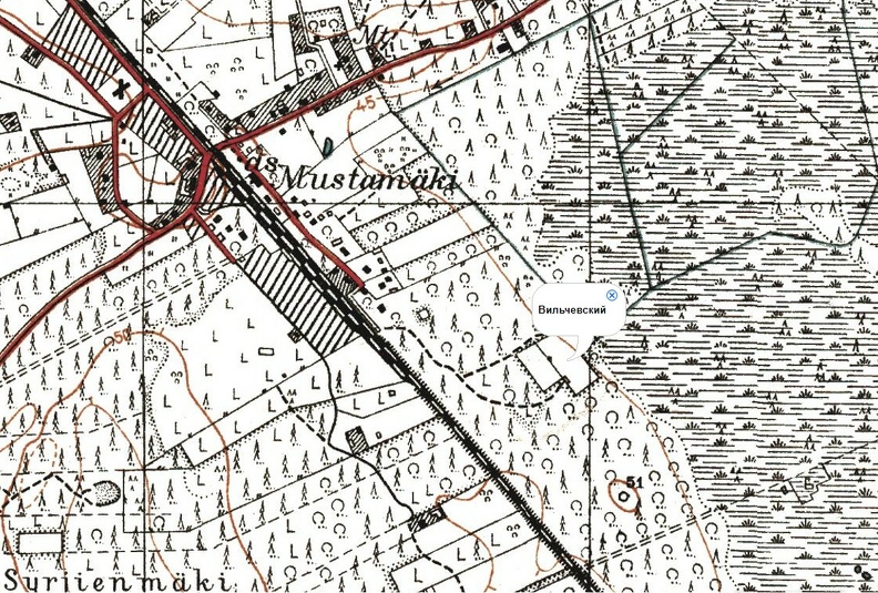 Расположение дачи П. Л. Вильчевского на карте 1930-х гг. Mustamaki_Wilczewski_Piotr.jpg